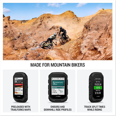 Rugged Mountain Bike GPS Computer With Preloaded Full Color Trail Maps And Advanced Performance Tracking Real Time Ride Data Safety Alerts Long Battery Life And Enduro Ready For Rough Trails shown with mountain bikers and device screens