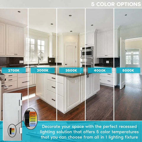 5 color temperature options for 3 Inch Gimbal LED Recessed Light With Junction Box, 5CCT Tunable 2700K-5000K in a kitchen setting
