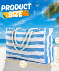 Go To Extra Large Beach Bag With Waterproof And Sandproof Zipper, blue and white striped tote on sandy beach background