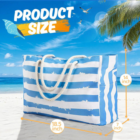Go To Extra Large Beach Bag With Waterproof And Sandproof Zipper, blue and white striped tote on sandy beach background