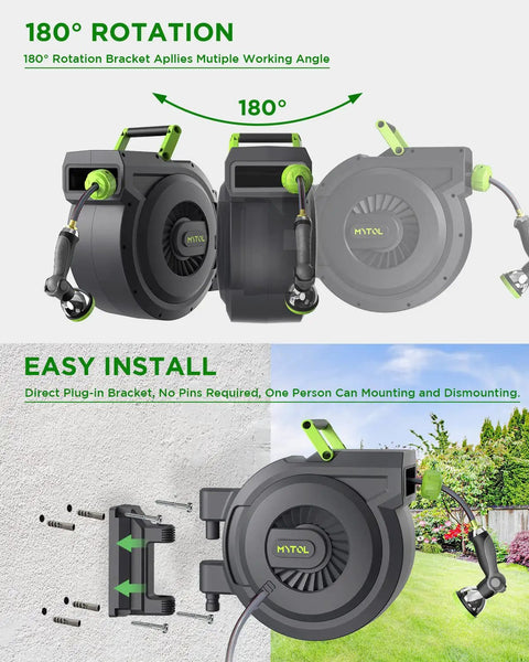 Heavy Duty Retractable Garden Hose Reel With Auto Slow Rewind 82 Feet Of Hose Plus 6 Foot Wall Mount and Swivel Bracket