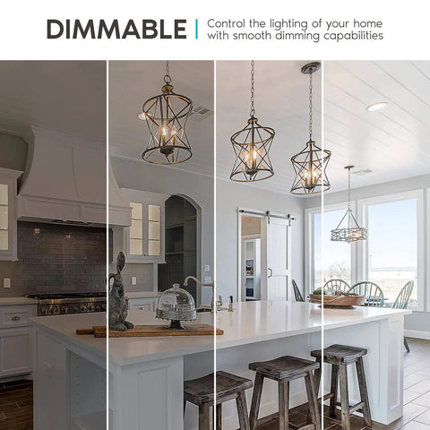 Four lighting levels showcasing the Vintage Style LED Candelabra Bulbs 60W Equivalent, 550 Lumens, 3500K Natural White effect in a kitchen.
