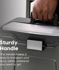 Close-up of Lockable File Box With Lid For Letter Files Portable Document Organizer showing handle and secure buckle in black.
