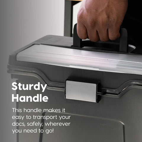 Close-up of Lockable File Box With Lid For Letter Files Portable Document Organizer showing handle and secure buckle in black.