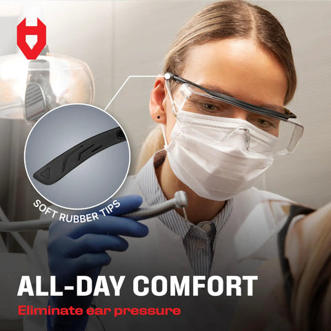 Top Shelf Anti Fog Safety Glasses Designed To Sit Easily Over Glasses With Scratch Proof Lenses Fully Adjustable Temples For Men And Women Providing Crystal Clear Vision And 100 Percent Uv Guard Without The Hassle Or Fog Wrecked Sight Lines, featuring soft rubber tips for comfort.
