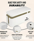 White cable management box showing child-safe design, anti-slip pads, and premium ABS material for safety and durability.