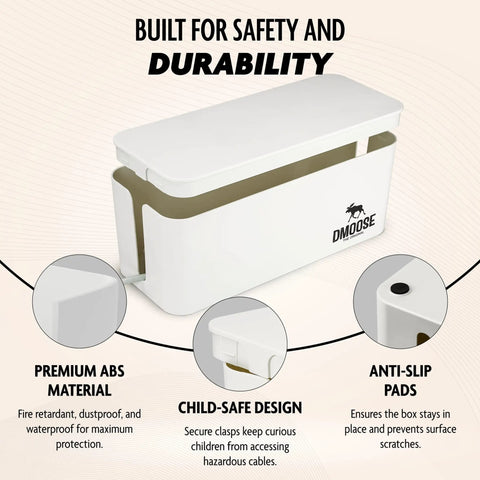 White cable management box showing child-safe design, anti-slip pads, and premium ABS material for safety and durability.