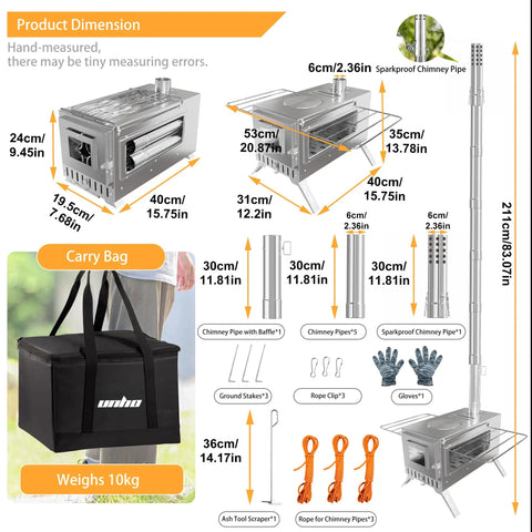 Dimensions and accessories for Stainless Steel Portable Tent Stove With Crack Resistant Ceramic Glass for outdoor camping.