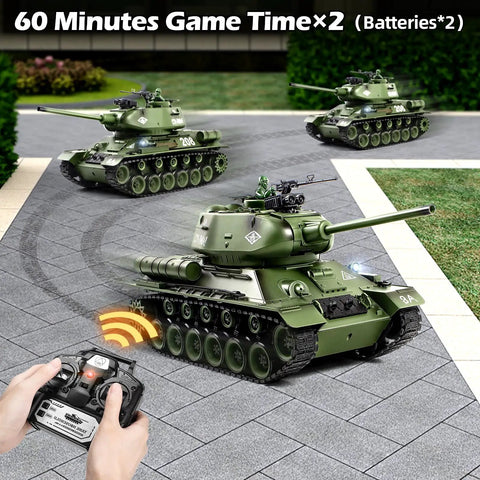 T34 RC Tank Replica with dope smoke and lights, realistic engine roars, all terrain 1/18 scale metal tracks in outdoor play action