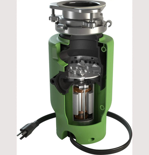 Cross-section view of Continuous Feed Garbage Disposal 1/2 HP with 2600+ RPM, green finish, showing internal grinding components.