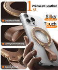Premium Top Grain Leather MagSafe Phone Grip Holder With Beefy Metal Kickstand And Hella Strong Magnets For No Sweat Daily Carry And Smooth One Handed Control Anywhere on a smartphone with a luxurious grip.