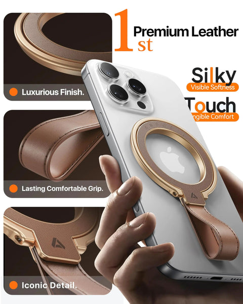 Premium Top Grain Leather MagSafe Phone Grip Holder With Beefy Metal Kickstand And Hella Strong Magnets For No Sweat Daily Carry And Smooth One Handed Control Anywhere on a smartphone with a luxurious grip.