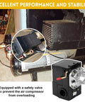 Air Compressor Pressure Switch With Adjustable Unloader And Relief Valve Preset 135 to 175 psi Four Port 26 Amp 220V with on/off lever