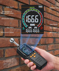 Rechargeable Pinless Moisture Meter With USB C 40mm Depth 2.4 Inch LCD 3 Color Bar Non Destructive Moisture Tester For Wood Drywall Concrete And More Today on brick wall