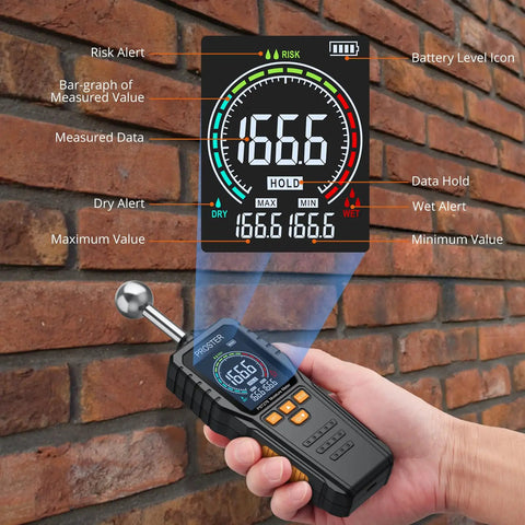Rechargeable Pinless Moisture Meter With USB C 40mm Depth 2.4 Inch LCD 3 Color Bar Non Destructive Moisture Tester For Wood Drywall Concrete And More Today on brick wall