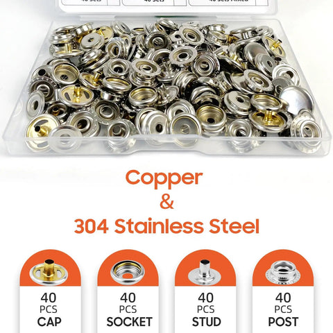 160 Piece Snap Button Kit With 15mm Marine Grade Snaps For Boat Covers Canvas Clothing And Leather Includes 40 Sockets 40 Caps 40 Male And 40 Female Snaps In A Clear Storage Box Brass Nickel Plated For DIYers