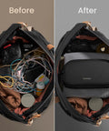 Water Resistant Dual Compartment Tech Pouch For Cables And Gadgets Grab And Go Cable Organizer Bag in a before and after view