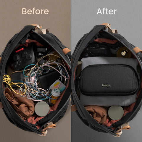 Water Resistant Dual Compartment Tech Pouch For Cables And Gadgets Grab And Go Cable Organizer Bag in a before and after view