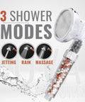 Mineral Shower Head With Beads For Purifying And Water Softening, three modes displayed: jetting, rain, massage