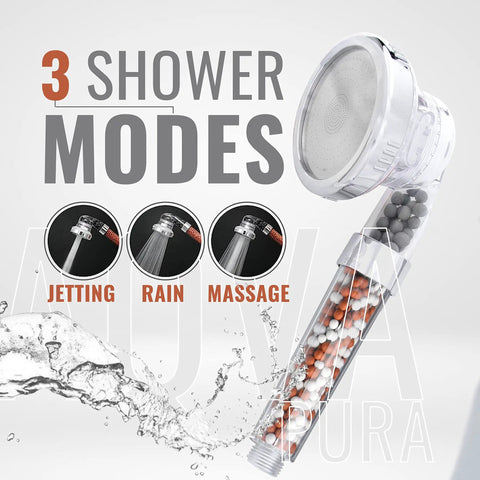Mineral Shower Head With Beads For Purifying And Water Softening, three modes displayed: jetting, rain, massage