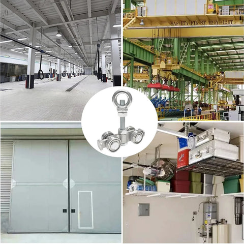 Heavy Duty Four Wheel Trolley Assembly Rollers For 1-5/8 Inch Wide Strut Channels And Taller Galvanized Carbon Steel Silent Operation With M10 Bolts And Nuts 6 Pack Designed For Quiet Smooth Travel In Industrial And Workshop Applications shown in various settings.