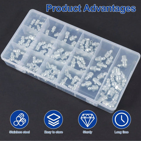 Metric Grease Fittings Kit With Sizes 1 Quarter Inch And 1 Eighth Inch And M6 M8 M10 Zerk Assortment Straight 45 Degree And 90 Degree Heads Pro Grade Galvanized Solid Grease Zerk Set For Cars Trucks And Industrial Projects in storage case
