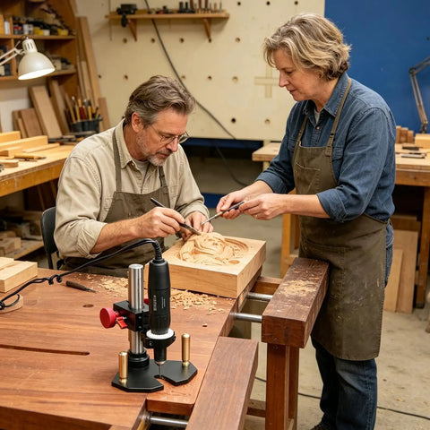Two people crafting with Sturdy Rotary Tool Stand For A Stable Drill Press Makeover on a wooden workbench in a workshop.