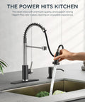 Hand using Pull Down Sprayer Kitchen Faucet, Stainless Steel, Commercial Grade, Single Handle, Classic Spring Design, Black Chrome Finish