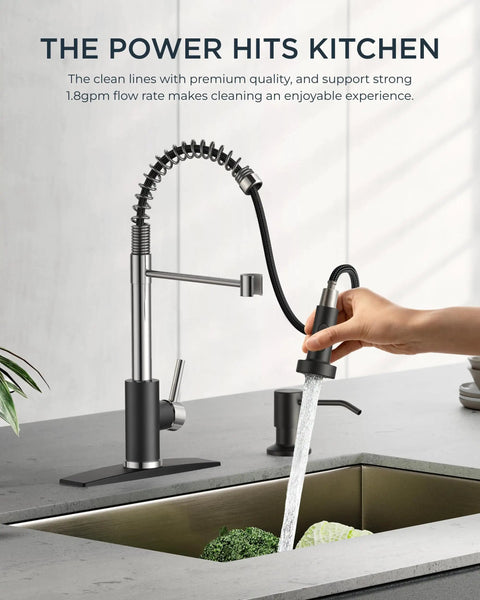 Hand using Pull Down Sprayer Kitchen Faucet, Stainless Steel, Commercial Grade, Single Handle, Classic Spring Design, Black Chrome Finish