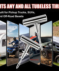 68-Piece All-in-One Heavy Duty Pro Grade Tire Plug Kit With Pressure Gauge, Spiral Probe And Insertion Needle on display with vehicle images