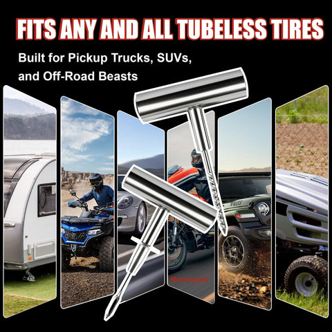68-Piece All-in-One Heavy Duty Pro Grade Tire Plug Kit With Pressure Gauge, Spiral Probe And Insertion Needle on display with vehicle images