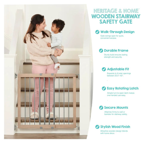 Wooden Baby Gate 23.5 To 42 Inches Walk Through Stair Gate For Doors Toddlers And Pets in use, woman holding child on stairs