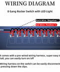 Wiring diagram for 8 Gang Off Road Waterproof Rocker Switch Panel With 5 Pin SPST 12V 24V On Off Toggle 20 Amp, showing LED light connections.