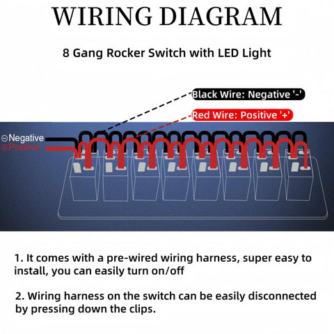 Wiring diagram for 8 Gang Off Road Waterproof Rocker Switch Panel With 5 Pin SPST 12V 24V On Off Toggle 20 Amp, showing LED light connections.