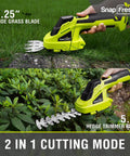 Cordless Grass Shear And 2 In 1 Hedge Trimmer For Easy Yard Care, Lightweight Handheld Tool With 1100 RPM Motor cutting grass and shrubs.