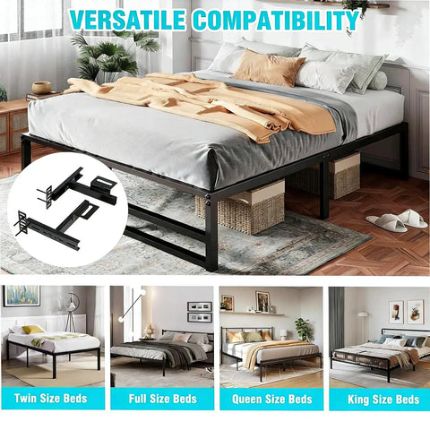 Heavy Duty Adjustable Headboard Brackets For Bed Frame Universal Wall Mount Hardware With Footboard Extension Built Rock Solid Easy Zero Hassle Install For Queen King Full Sizes Set Of Two, displayed with various bed sizes.