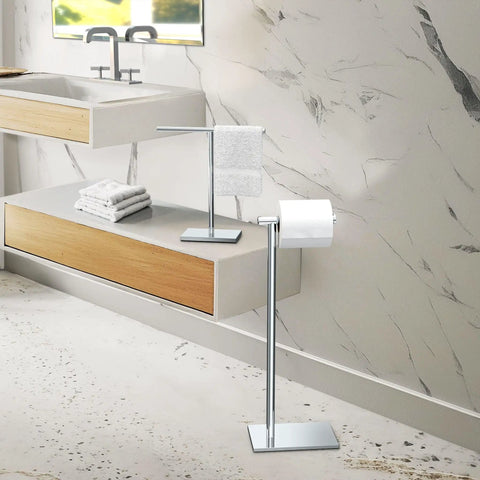 Freestanding Toilet Paper Holder Stand With Weighted Base In Modern Rectangle Chrome Finish For Bathroom Vanity