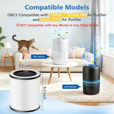 4 Pack P60 Replacement Filter Pack For TPLMB Yariki P60 And Vhoiu KJ50 Air Purifiers with two purifier models on a table