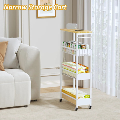 7.1 Inch Wide Slim Rolling Storage Cart On Wheels With Four Tiers, Narrow Metal Utility Cart With Handle And Wood Top