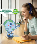 Woman smiling at laptop with cartoon Earth character, stack of Yellow Kraft Padded Bubble Mailer 6x10 Inch Pack Of 100 on desk.