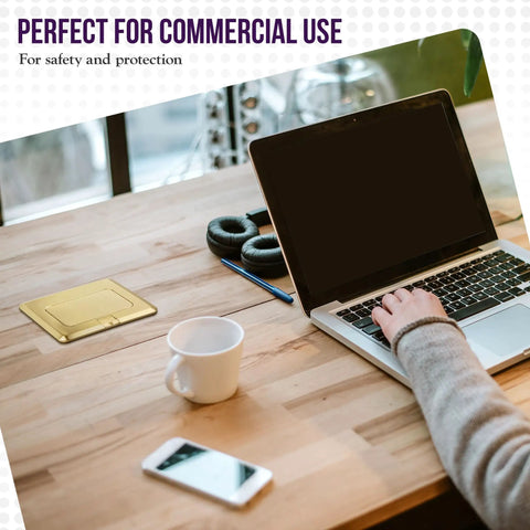 Workspace with laptop and Soft Pop Up Floor Box Kit with 4A USB Charging, 20A Tamper Resistant Weatherproof Receptacle visible on desk.