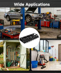 Wall Mounted Spray Bottle Holder Garage Organizer with four spray can slots, twelve holes, for auto detailing shown in various settings.