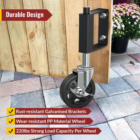Heavy Duty Gate Caster With Spring Loaded Wheel, Swivel Gate Wheel for wooden gates, galvanized steel brackets, PP wheel