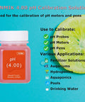 pH 4.00 calibration solution bottle with lime slice, used for pH meters, pens, and probes calibration, applications listed