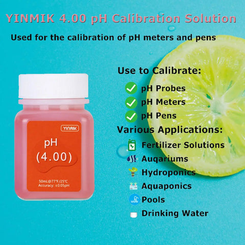 pH 4.00 calibration solution bottle with lime slice, used for pH meters, pens, and probes calibration, applications listed