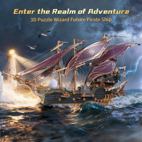 3D Wooden Pirate Ship Puzzle Kit With Purple Hull Build A Victorian Steampunk Galleon sailing near lighthouse