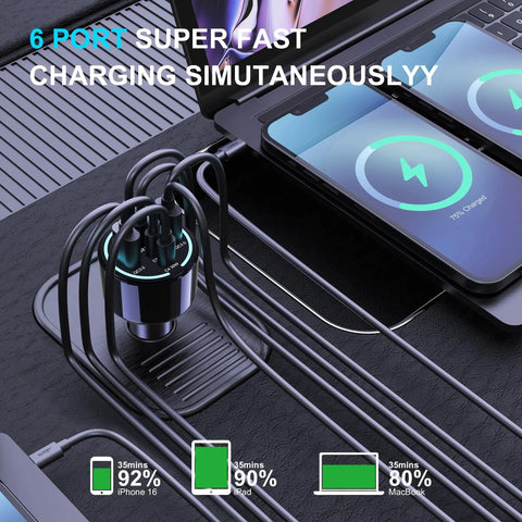 Straight Fire 300W Usb C Car Charger With Six Ports Smart Pd 3 1 Fast Charging Adapter connected to devices on a dashboard.