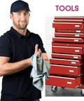 Mechanic holding towel next to red tool chest with 60 Pack Magnetic C Channel Label Holders For Metal Racks And Shelves, 3x1 Inches