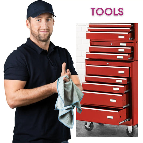 Mechanic holding towel next to red tool chest with 60 Pack Magnetic C Channel Label Holders For Metal Racks And Shelves, 3x1 Inches