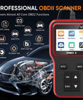 Professional OBDII scanner with screen, showcasing functions like battery test and code reading, next to car diagram.